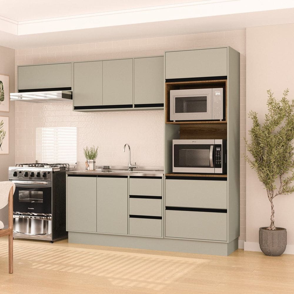 Cozinha 4 Peças Balcão 3 Gavetas 2 Portas Aéreo Basculante Torre Quente Sem Tampo Koya Branco/Verde Oliva