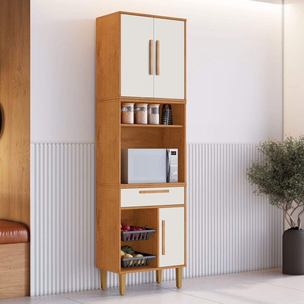 Paneleiro Torre quente 3 Portas 1 Gaveta com Fruteira Lorena Marrom/Off White
