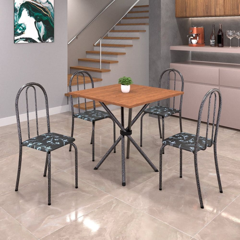 Conjunto de Mesa Tubular 70x70cm Tampo em Mdf com 4 Cadeiras Ane B Preto Floral / Mart Prata