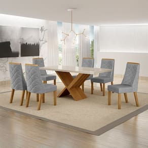 Conjunto Sala de Jantar Mesa 180cm Tampo de 4,0cm com 6 Cadeiras Aurora Cinamomo/Off White/Prata Linho