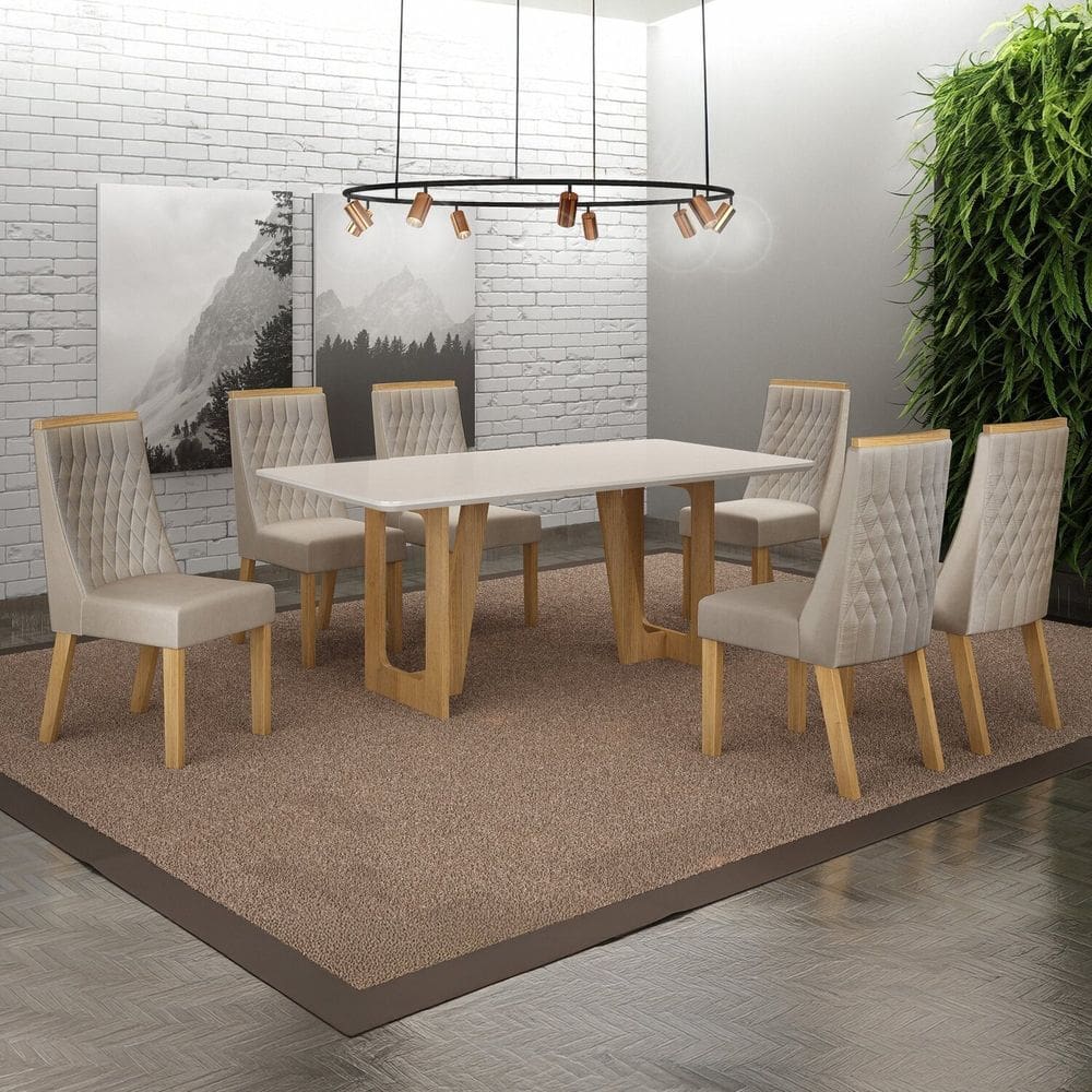 Conjunto Sala de Jantar Mesa 180cm Tampo de 2,5cm com 6 Cadeiras Luna Cinamomo/Off White/Palha