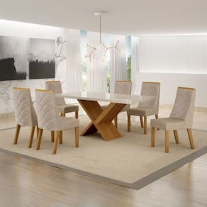 Conjunto Sala de Jantar Mesa 180cm Tampo de 4,0cm com 6 Cadeiras Aurora Cinamomo/Off White/Bege Linho