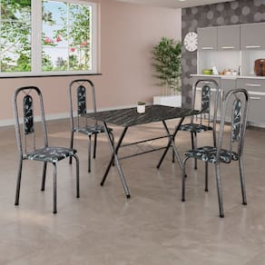 Conjunto de Mesa Tubular 062 100x60cm Tampo em Ardósia com 4 Cadeiras Lívia Preto Floral / Mart Prata