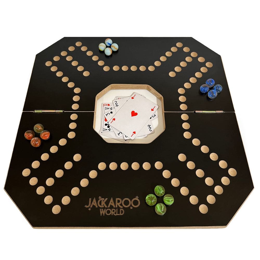 Jogo de tabuleiro Jackaroo 2-4 jogadores com tabuleiro de madeira e bolinhas de gude