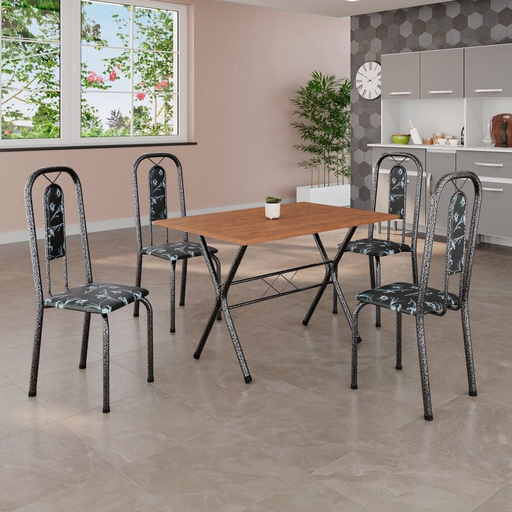 Conjunto de Mesa Tubular 062 100x60cm Tampo em MDF com 4 Cadeiras Lívia Preto Floral / Mart Prata