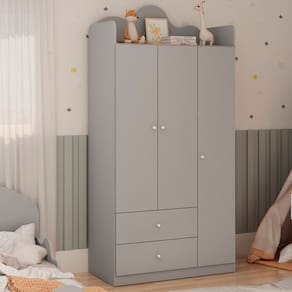 Guarda-Roupa Infantil 3 Portas e 2 Gavetas 100% MDF com Detalhe Orgânico em Formato de Nuvem Cinza