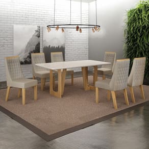 Conjunto Sala de Jantar Mesa 180cm Tampo de 2,5cm com 6 Cadeiras Luna Cinamomo/Off White/Bege