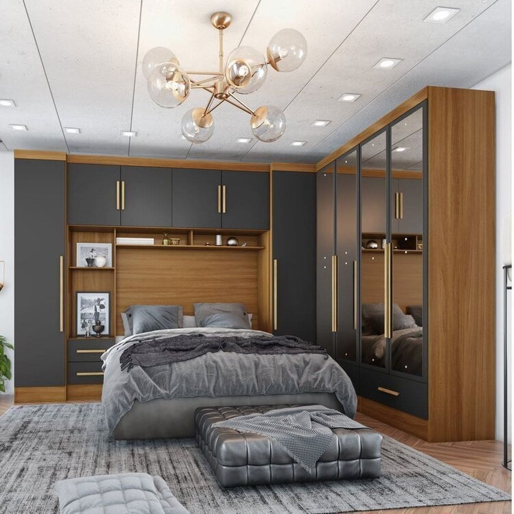 Quarto De Casal Completo 5 Peças 6 Portas 4 Gavetas com Maleiro e Espelhos Smart Plus Cinamomo/Cinza
