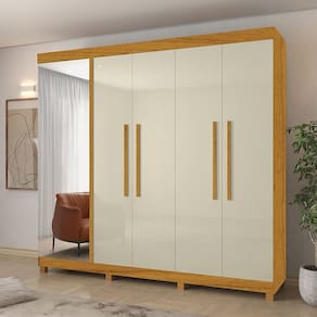 Guarda-Roupa Casal com Sapateira 5 Portas 1 Porta Espelhada Diamante 100% MDF Naturale/Off White