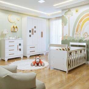 Quarto de Bebê Completo com Guarda-Roupa, Berço e Cômoda Sonho Branco