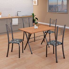 Conjunto de Mesa Tubular 062 100x60cm Tampo em MDF com 4 Cadeiras Sara Preto Floral / Mart Prata