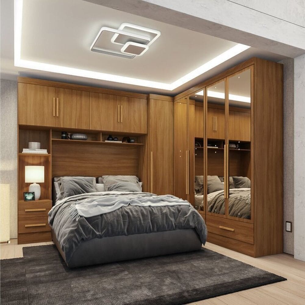 Quarto Modulado Casal Completo 4 Peças 5 Portas 4 Gavetas com Maleiro e Espelhos Smart Plus Cinamomo