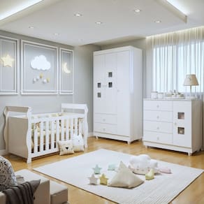 Quarto de Bebê Completo com Guarda-Roupa Berço e Cômoda Bibi Branco