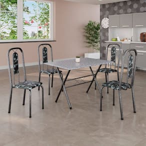 Conjunto de Mesa Tubular 062 100x60cm Tampo em Granito com 4 Cadeiras Lívia Preto Floral / Mart Prata