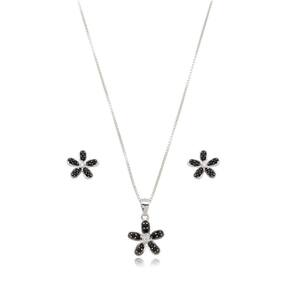 Conjunto Colar E Brincos Flor Zircônio Negra Prata 925