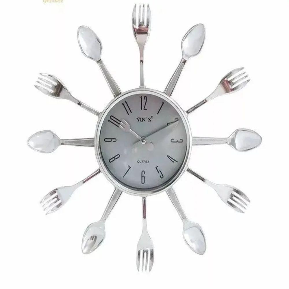 Relógio Parede Cozinha Talheres Estilo Alumínio Retro Decorativo Quartz Prateado