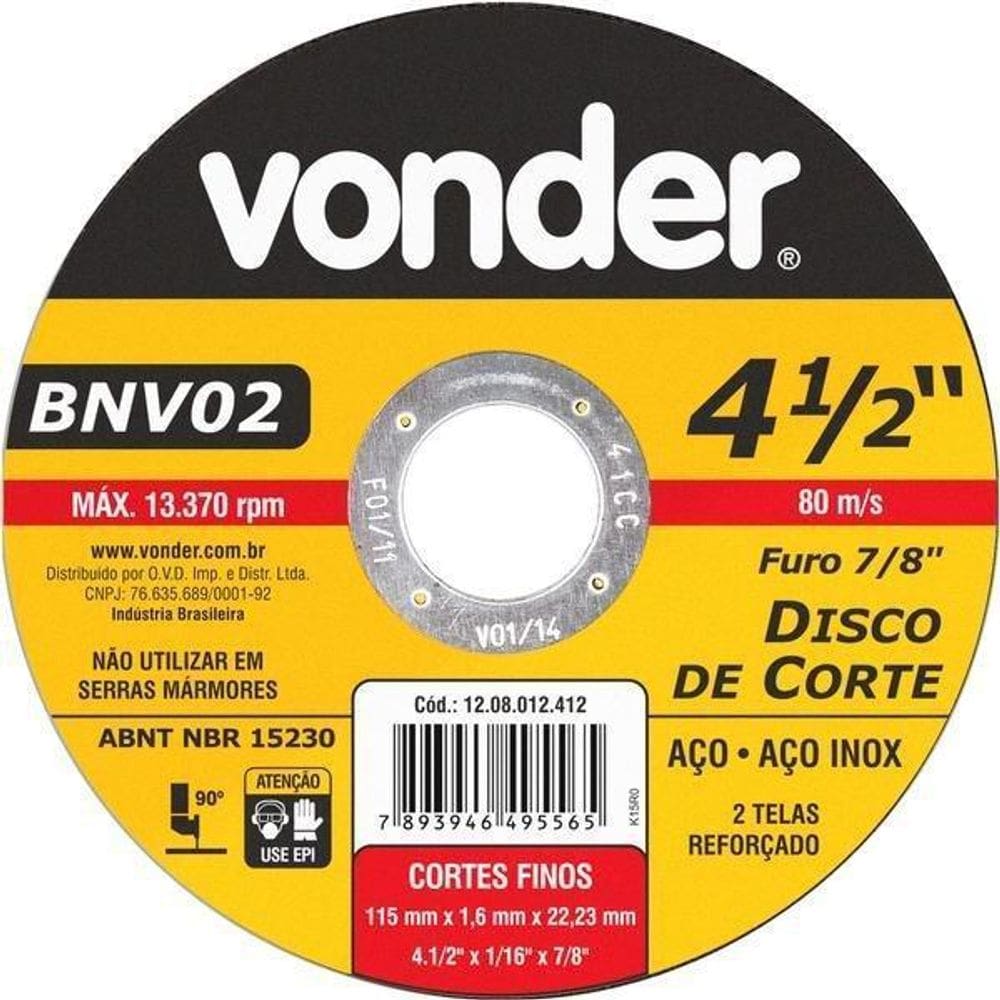 Disco Corte 115,0X1,6X22,23 2 Telas Aço Carbono E In Vonder