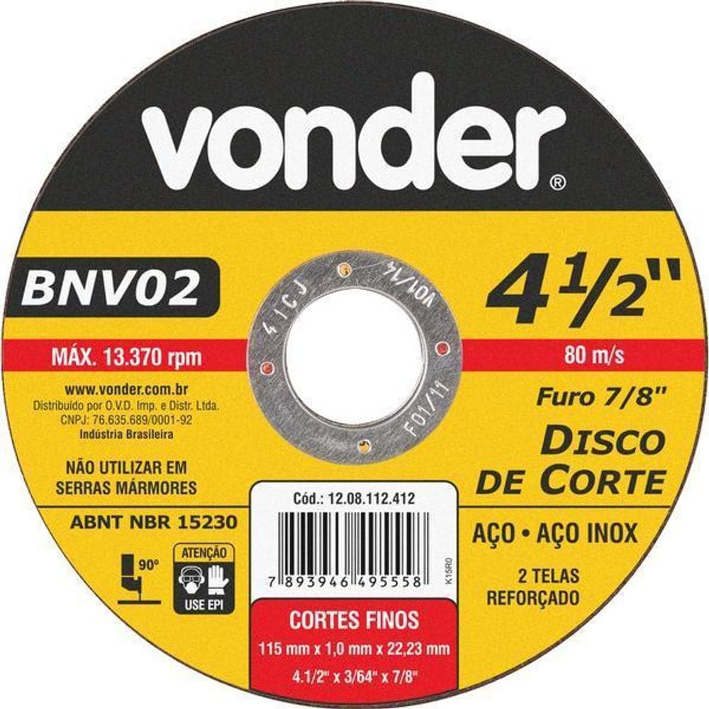 Disco Corte 115,0X1,0X22,23 2 Telas Aço Carbono E In Vonder