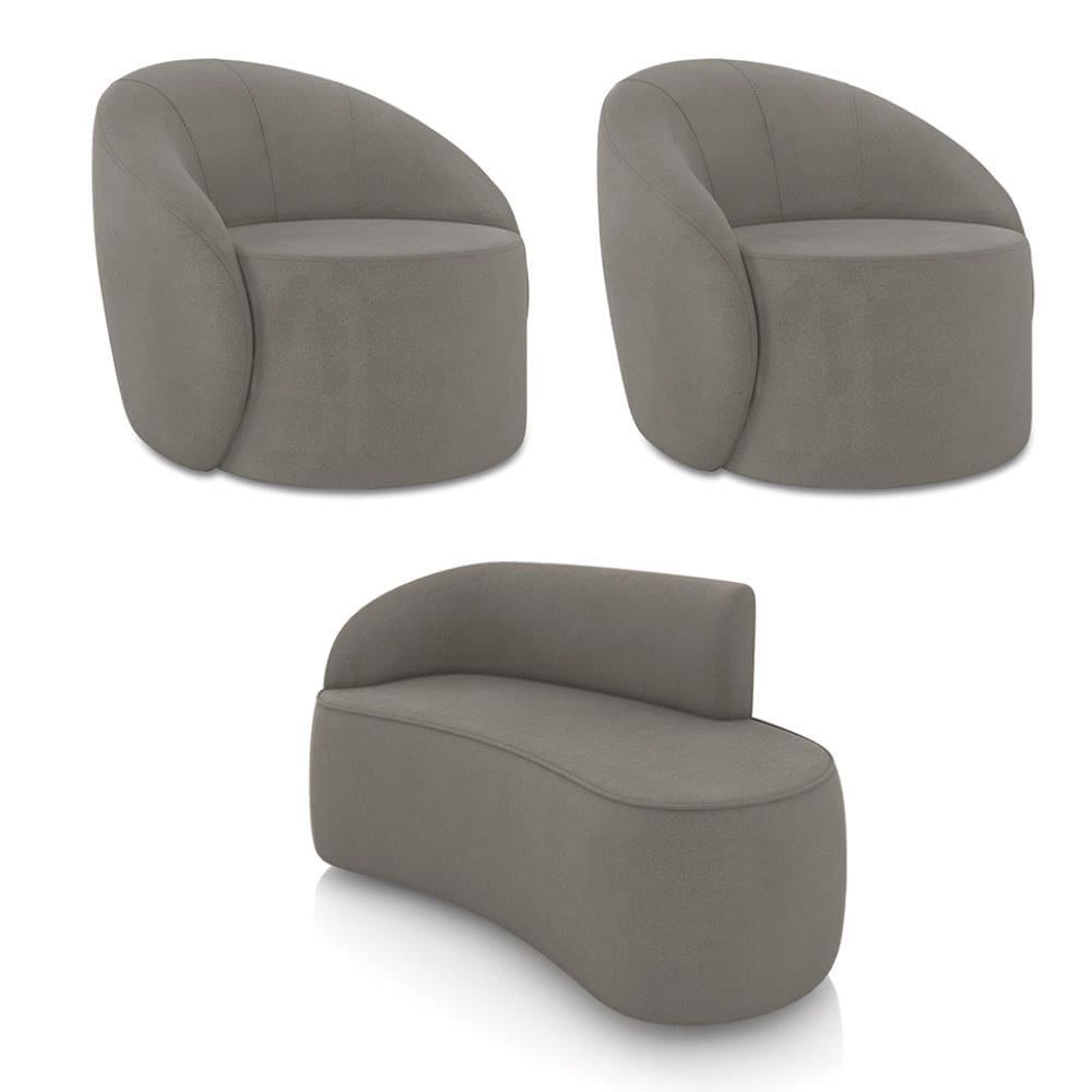 Sofá 2 Lugares Orgânico 140cm Morgan e 2 Poltronas Lua Suede Grafite D03 - D`Rossi