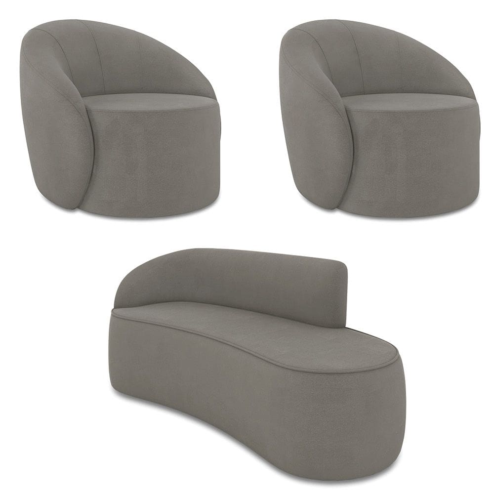 Sofá 3 Lugares Orgânico 180cm Morgan e 2 Poltronas Lua Suede Grafite D03 - D`Rossi