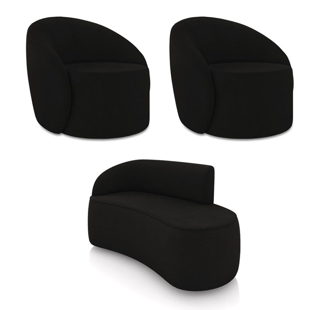 Sofá 2 Lugares Orgânico 140cm Morgan e 2 Poltronas Lua Suede Preto D03 - D`Rossi