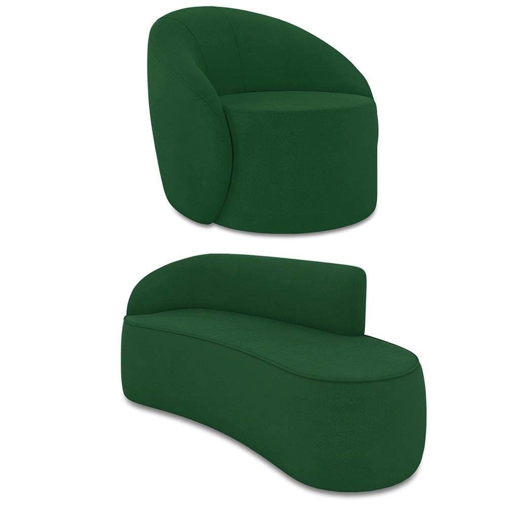 Sofá 3 Lugares Orgânico 180cm Morgan e Poltrona Lua Suede Verde D03 - D`Rossi