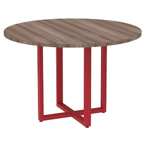 Mesa de Reunião Redonda P25 Pandin 110 cm (Largura) Tampo MDP Walnut Pé Aço Tubular Vermelho