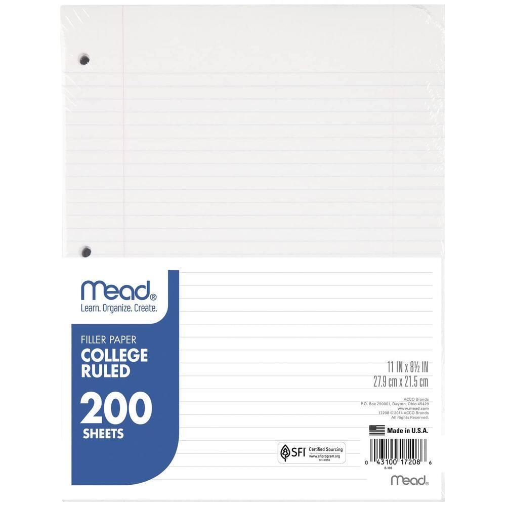 Papel de folha solta Mead College Ruled 8,5x11 200 folhas
