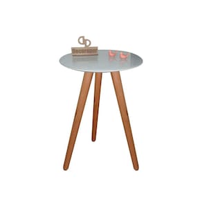 Mesa De Canto Pés Palito Amadeirado Com Tampo Vidro 35cm Off White 60cm