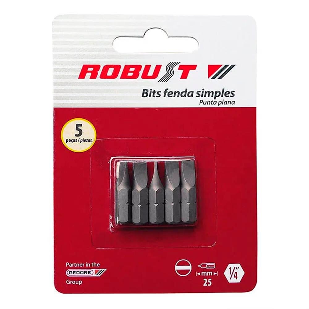 Jogo de Bits de Fenda Simples 7 mm Encaixe de 1/4" com 5 Peças - Robust 061823