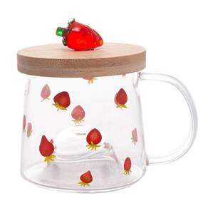 Caneca De Vidro Borossilicato Com Pires De Bambu Morango 330ml 5707 - Lyor
