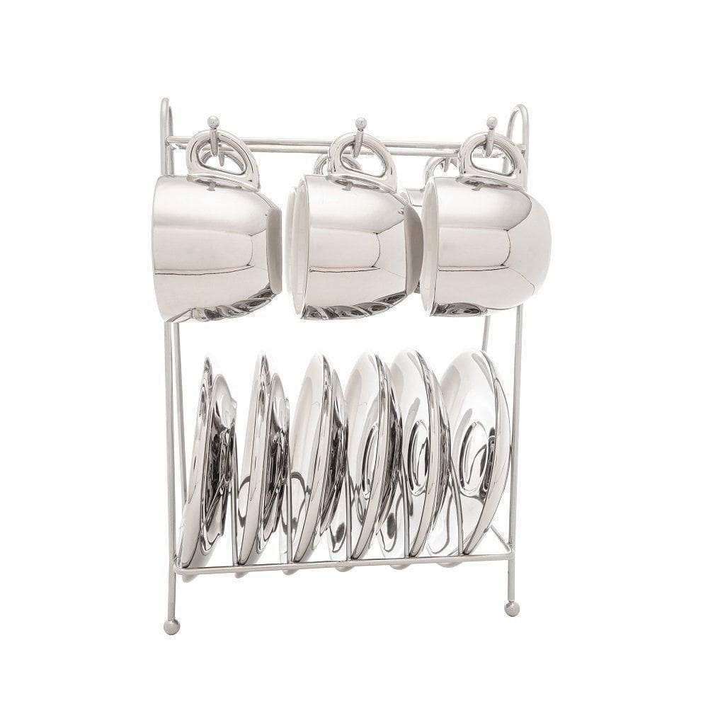 Conjunto 6 Xícaras De Café Com Pires De Porcelana E Suporte Versa Branco-prata 90ml - Wolff