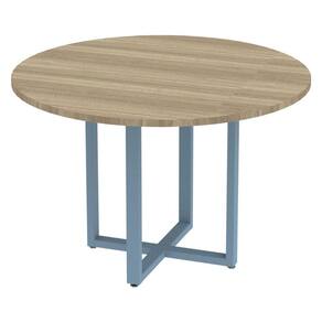 Mesa de Reunião Redonda P25 Pandin 110 cm (Largura) Tampo MDP Noce Naturalle Pé Aço Tubular Azul Da