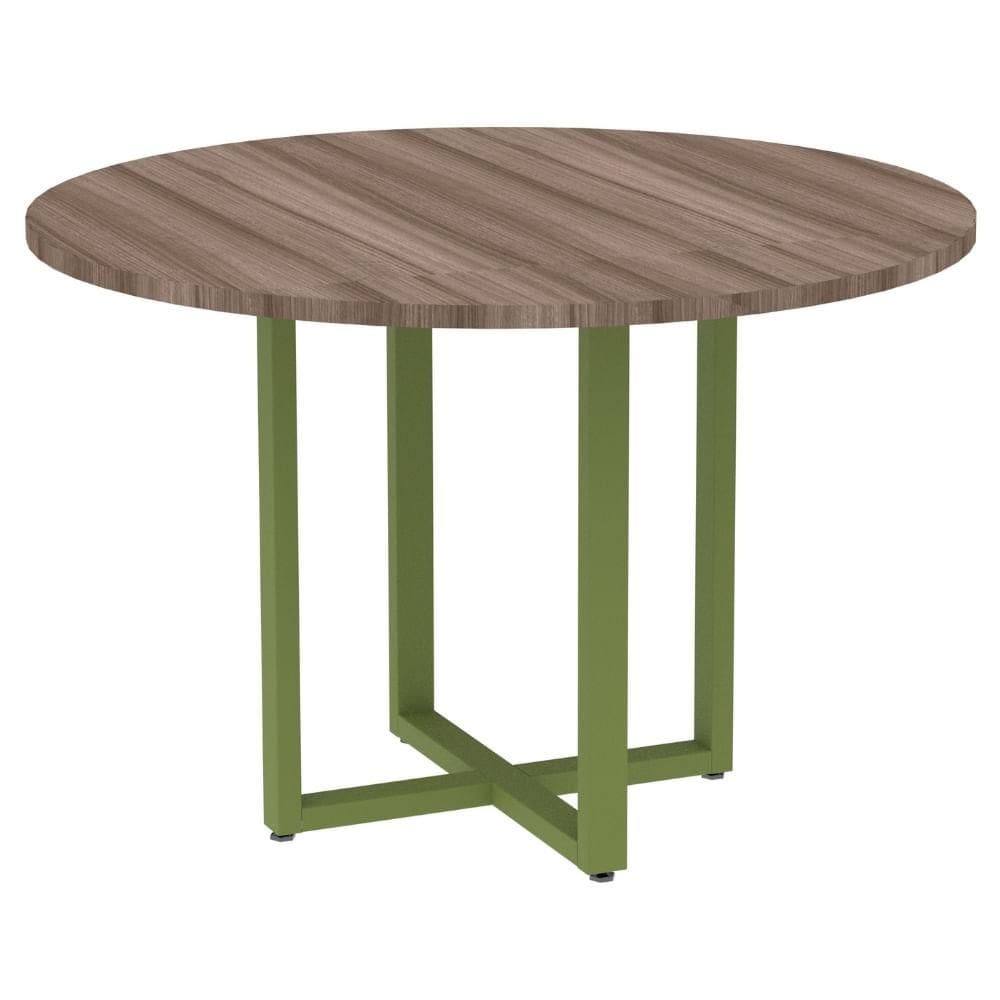 Mesa de Reunião Redonda P25 Pandin 110 cm (Largura) Tampo MDP Walnut Pé Aço Tubular Verde Mirô