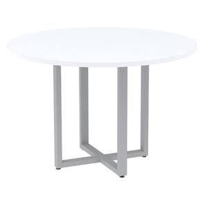 Mesa de Reunião Redonda P25 Pandin 110 cm (Largura) Tampo MDP Branco Pé Aço Tubular Cinza