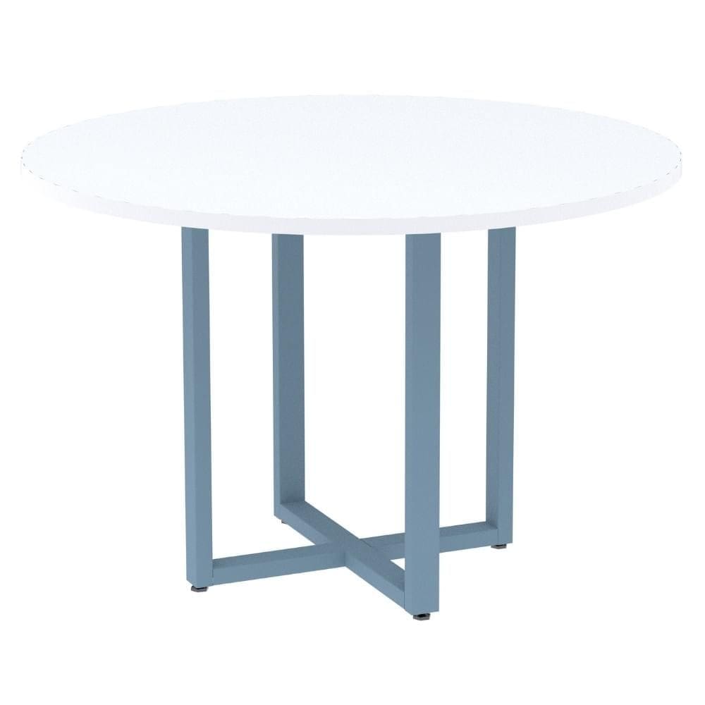 Mesa de Reunião Redonda P25 Pandin 110 cm (Largura) Tampo MDP Branco Pé Aço Tubular Azul Dali