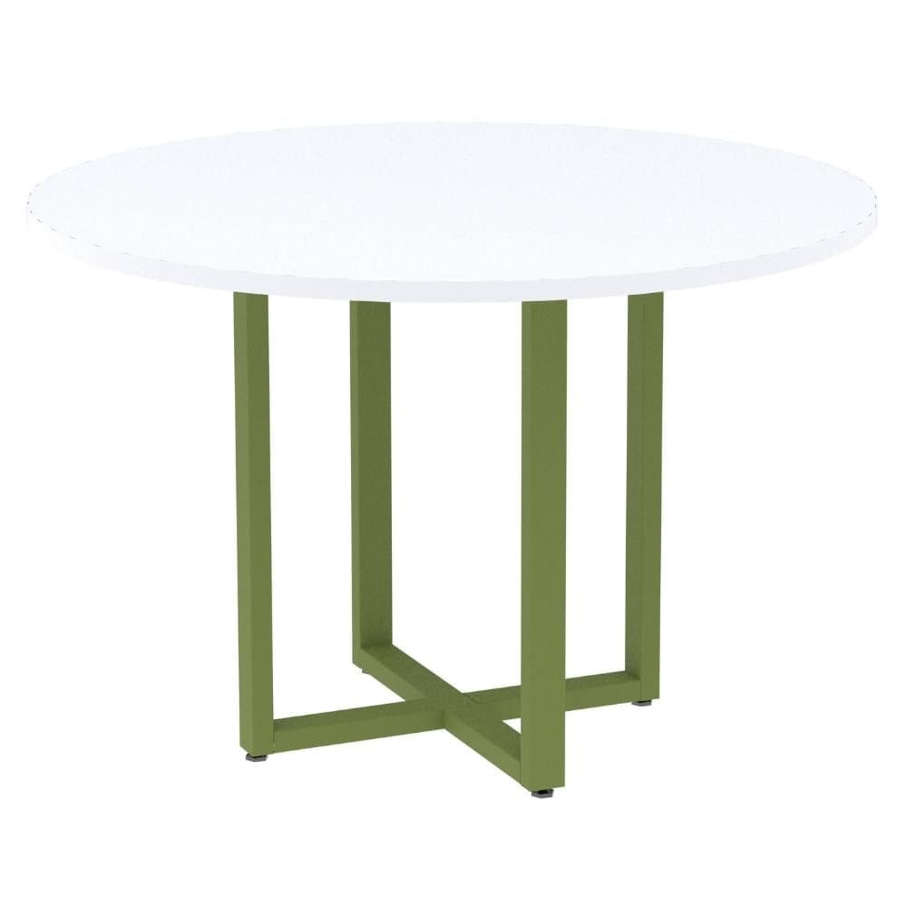 Mesa de Reunião Redonda P25 Pandin 110 cm (Largura) Tampo MDP Branco Pé Aço Tubular Verde Mirô