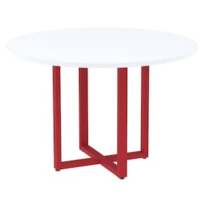 Mesa de Reunião Redonda P25 Pandin 110 cm (Largura) Tampo MDP Branco Pé Aço Tubular Vermelho