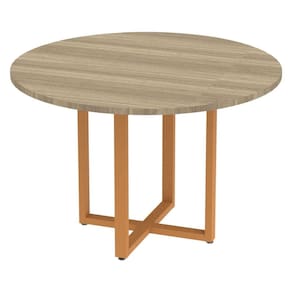 Mesa de Reunião Redonda P25 Pandin 110 cm (Largura) Tampo MDP Noce Naturalle Pé Aço Tubular Laranja