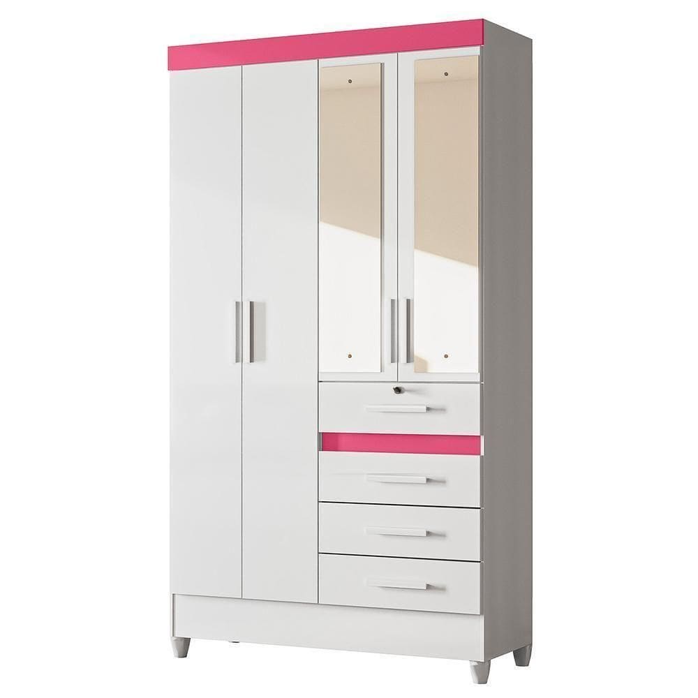 Guarda Roupa Solteiro Sobral 4 Portas E 4 Gavetas Flex Branco Rosa Com Espelho Moval Branco Rosa