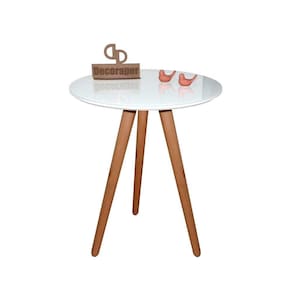 Mesa De Canto Pés Palito Amadeirado Com Tampo Vidro 70cm Branco 50cm