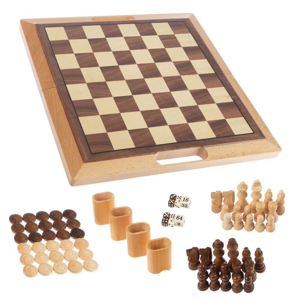 Conjunto de jogos de tabuleiro Hey! Jogue! Xadrez de madeira de luxo, damas e gamão