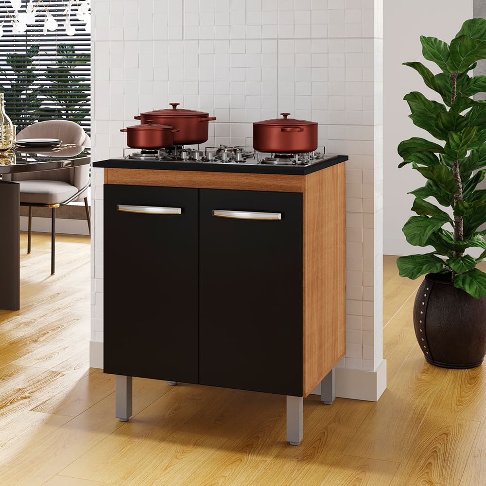 Balcão Q1 para Cooktop Jade 5 Bocas 2 Portas Savana Preto Moblis