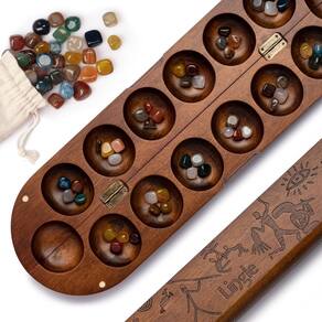 Conjunto de jogos de tabuleiro Mancala Lingle Deluxe com madeira real e pedras preciosas