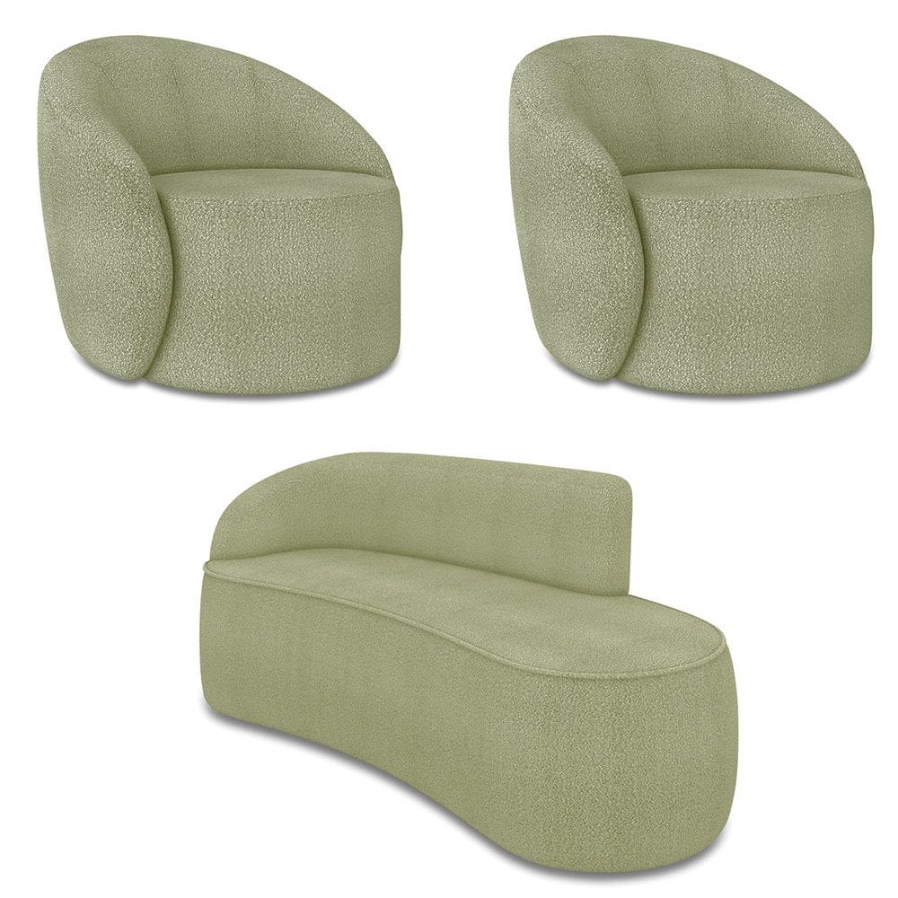 Sofá 3 Lugares Orgânico 180cm Morgan e 2 Poltronas Lua Bouclê Pistache D03 - D`Rossi