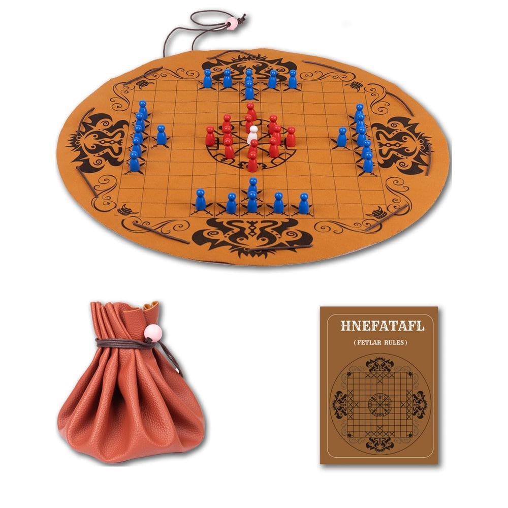 Conjunto de xadrez Viking Hnefatafl com tapete de couro e peças de madeira