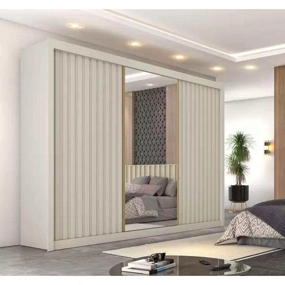 Guarda Roupa Casal Com 3 Portas De Correr E Espelho Central Ravena-off White Móveis Europa