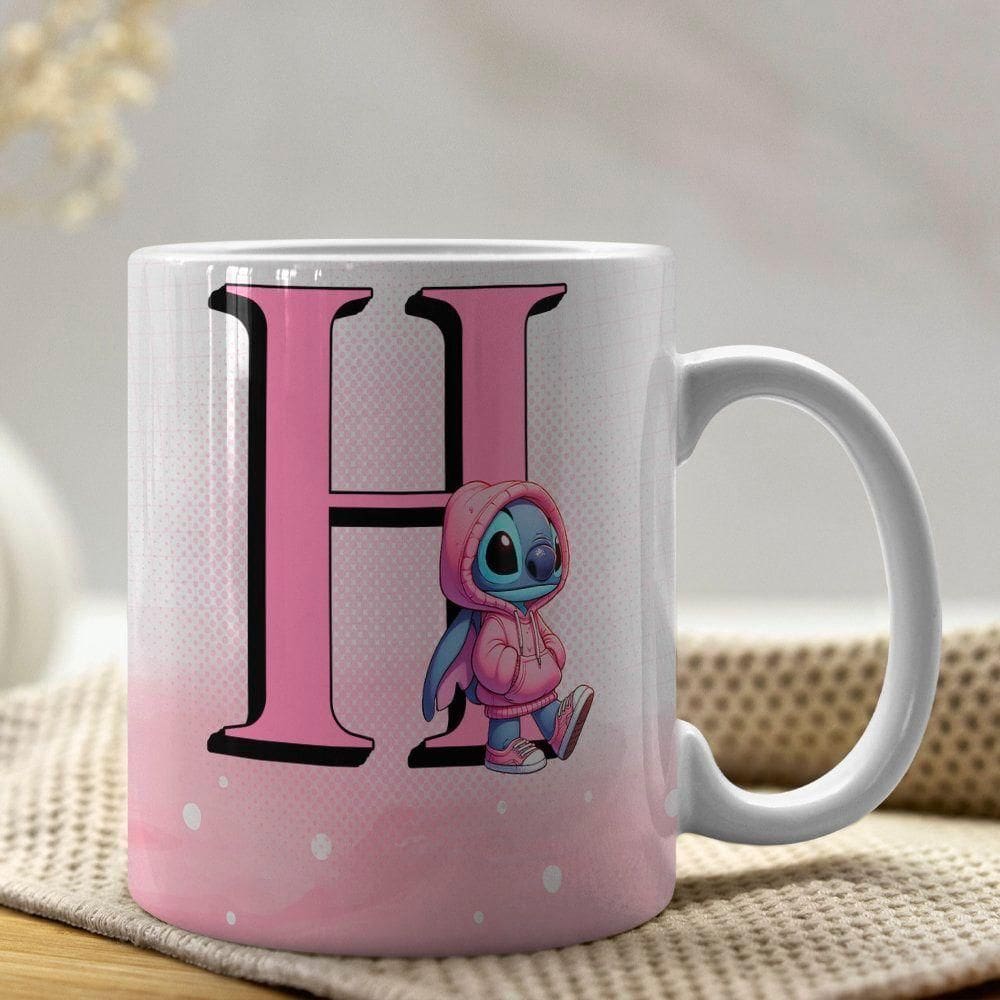 Caneca De Porcelana Stitch Letras A-z 325ml Rosa H