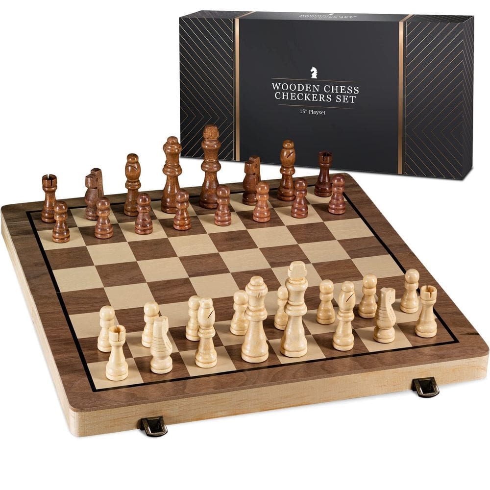 Conjunto de xadrez de madeira com 15 conjuntos de xadrez com tabuleiro de xadrez e jogo de damas