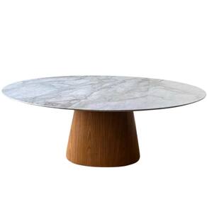 Mesa de Jantar Cone Oval 137x90 cm Mármore Branco Extra Base Freijó